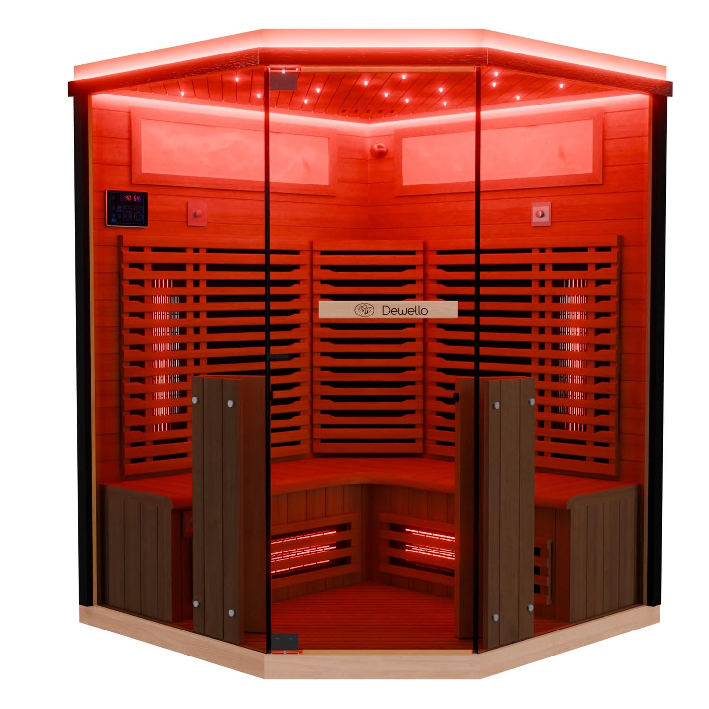 Dewello® Infrarotkabine Infrarotsauna KENORA 140x140 für 2-3 Personen aus Hemlockholz, Vollspektrumstrahler, Bodenstrahler, LED-Farblicht, Bluetooth, mit Salzsteinoptik