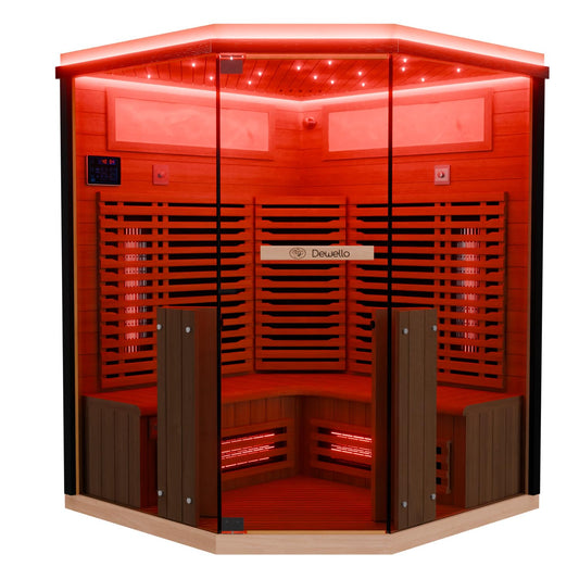 Dewello® Infrarotkabine Infrarotsauna KENORA 140x140 für 2-3 Personen aus Hemlockholz, Vollspektrumstrahler, Bodenstrahler, LED-Farblicht, Bluetooth, mit Salzsteinoptik