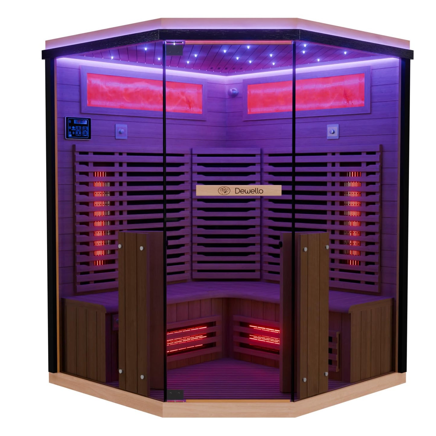 Dewello® Infrarotkabine Infrarotsauna KENORA 140x140 für 2-3 Personen aus Hemlockholz, Vollspektrumstrahler, Bodenstrahler, LED-Farblicht, Bluetooth, mit Salzsteinoptik