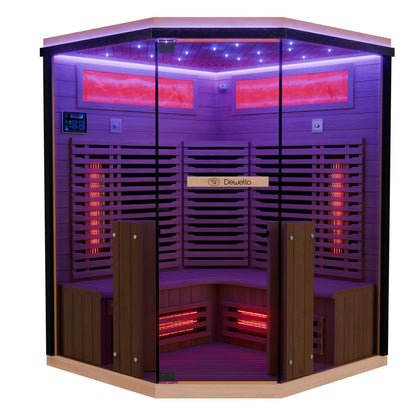 Dewello® Infrarotkabine Infrarotsauna KENORA 140x140 für 2-3 Personen aus Hemlockholz, Vollspektrumstrahler, Bodenstrahler, LED-Farblicht, Bluetooth, mit Salzsteinoptik