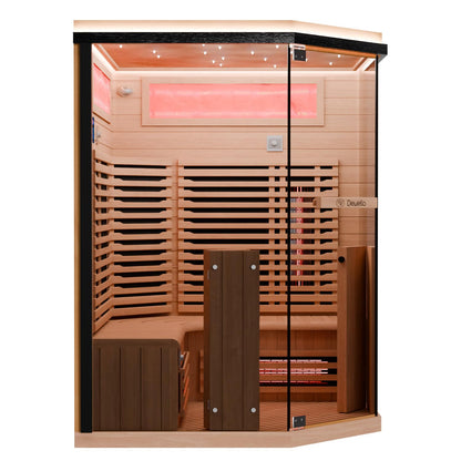Dewello® Infrarotkabine Infrarotsauna KENORA 140x140 für 2-3 Personen aus Hemlockholz, Vollspektrumstrahler, Bodenstrahler, LED-Farblicht, Bluetooth, mit Salzsteinoptik