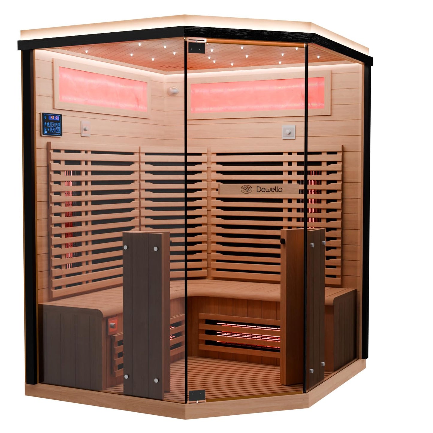Dewello® Infrarotkabine Infrarotsauna KENORA 140x140 für 2-3 Personen aus Hemlockholz, Vollspektrumstrahler, Bodenstrahler, LED-Farblicht, Bluetooth, mit Salzsteinoptik