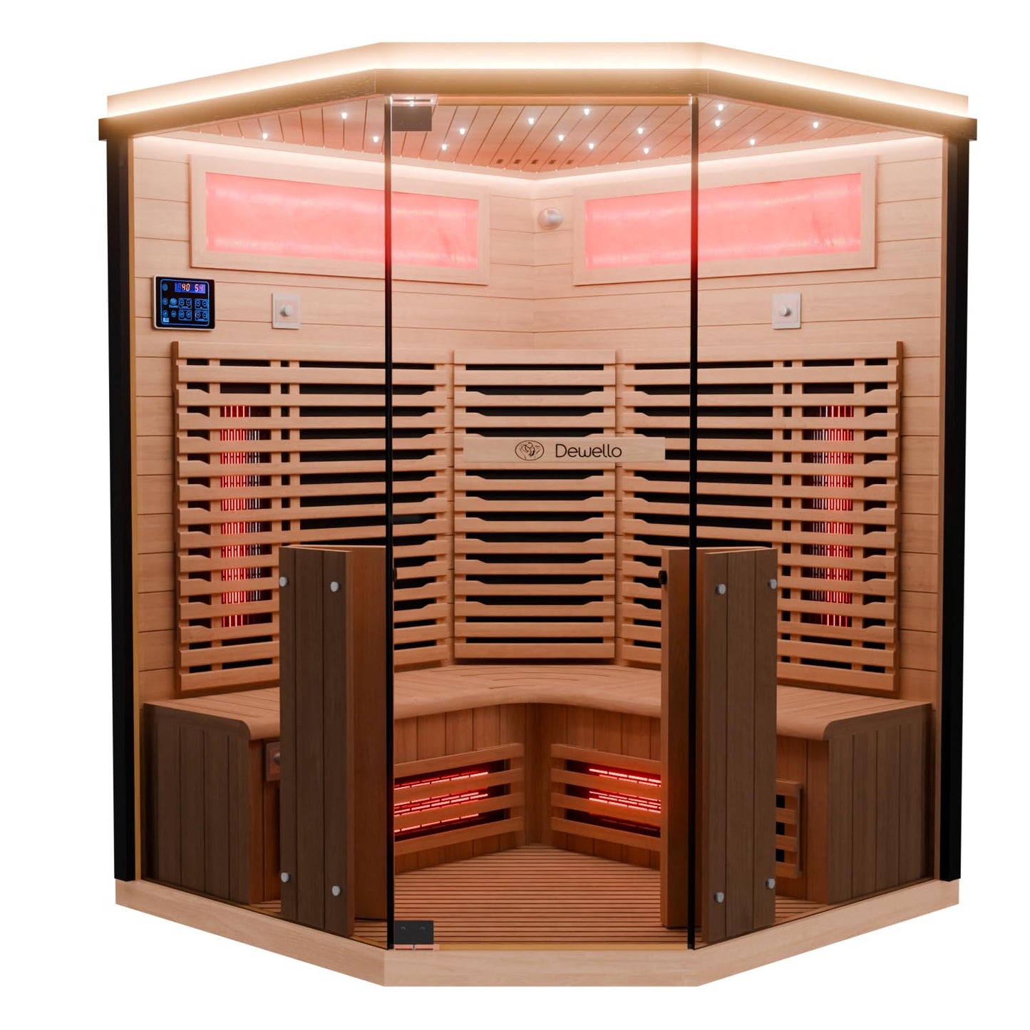 Dewello® Infrarotkabine Infrarotsauna KENORA 140x140 für 2-3 Personen aus Hemlockholz, Vollspektrumstrahler, Bodenstrahler, LED-Farblicht, Bluetooth, mit Salzsteinoptik