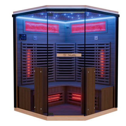 Dewello® Infrarotkabine Infrarotsauna KENORA 140x140 für 2-3 Personen aus Hemlockholz, Vollspektrumstrahler, Bodenstrahler, LED-Farblicht, Bluetooth, mit Salzsteinoptik