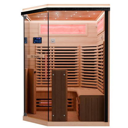 Dewello® Infrarotkabine Infrarotsauna KENORA 140x140 für 2-3 Personen aus Hemlockholz, Vollspektrumstrahler, Bodenstrahler, LED-Farblicht, Bluetooth, mit Salzsteinoptik