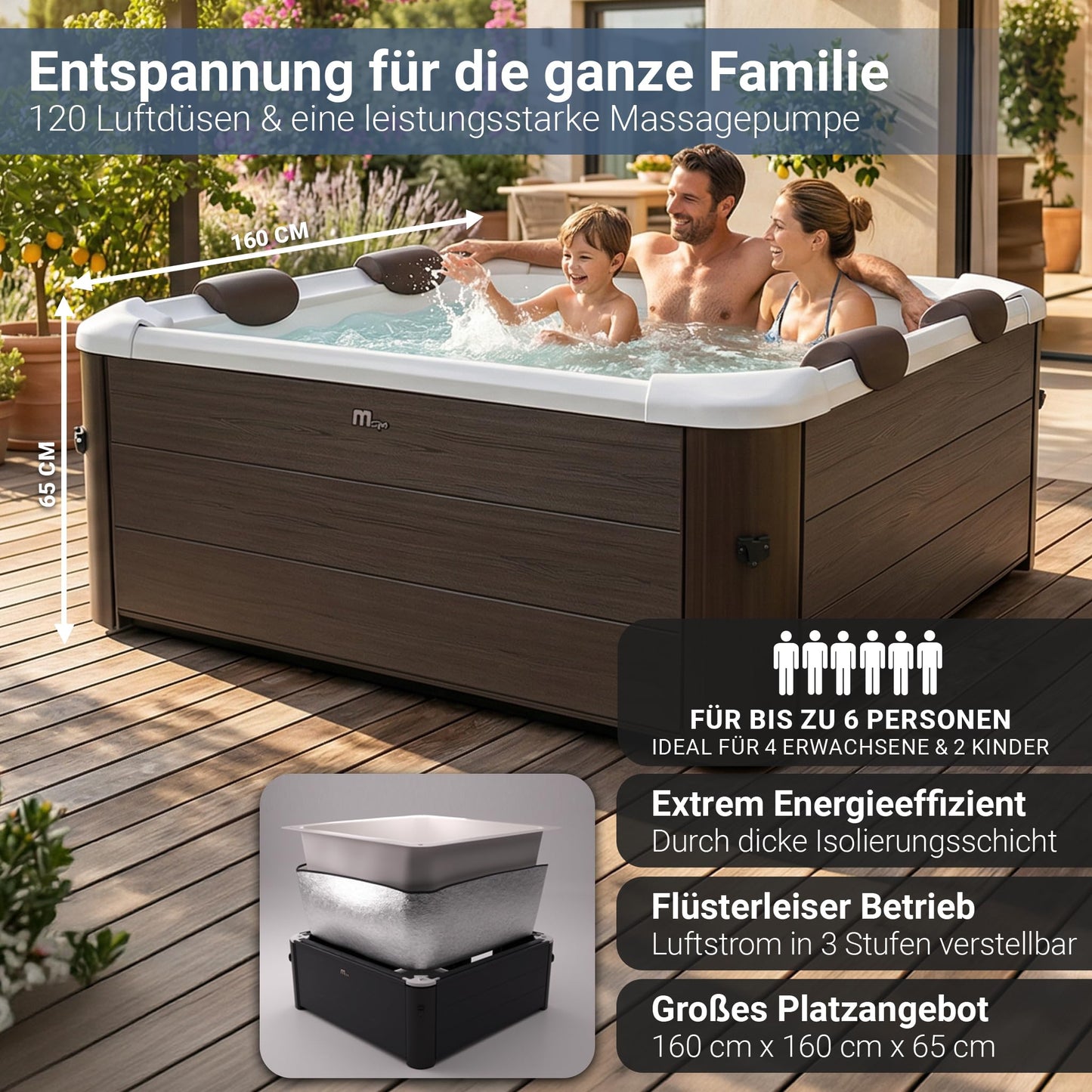 Miweba Whirlpool MSpa Tribeca mit Fester Außenwand | App Steuerung | 6 Personen Spa | 160x160x65cm | 120 Massagedüsen | Ganzjähriger Einsatz Winterfest | In & Outdoor Pool | Gartenpool | Aufstellpool