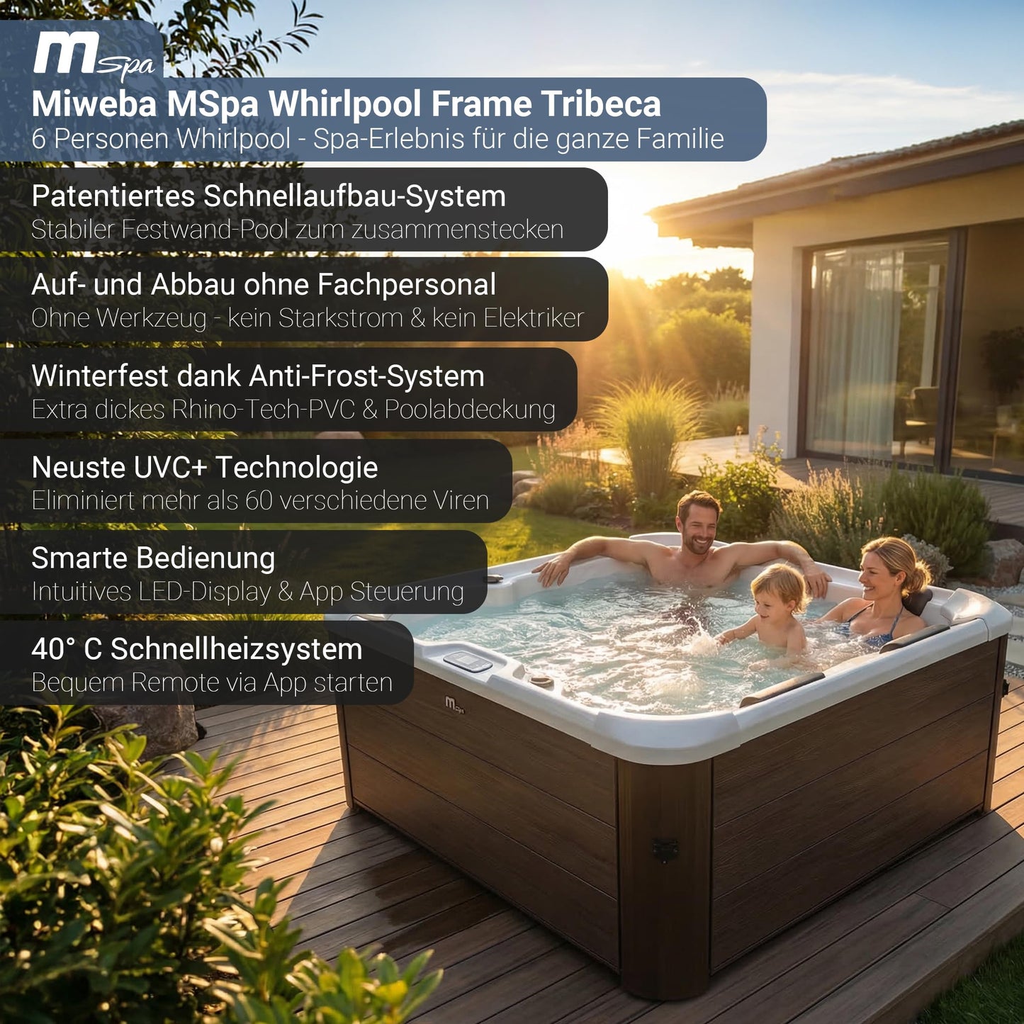 Miweba Whirlpool MSpa Tribeca mit Fester Außenwand | App Steuerung | 6 Personen Spa | 160x160x65cm | 120 Massagedüsen | Ganzjähriger Einsatz Winterfest | In & Outdoor Pool | Gartenpool | Aufstellpool