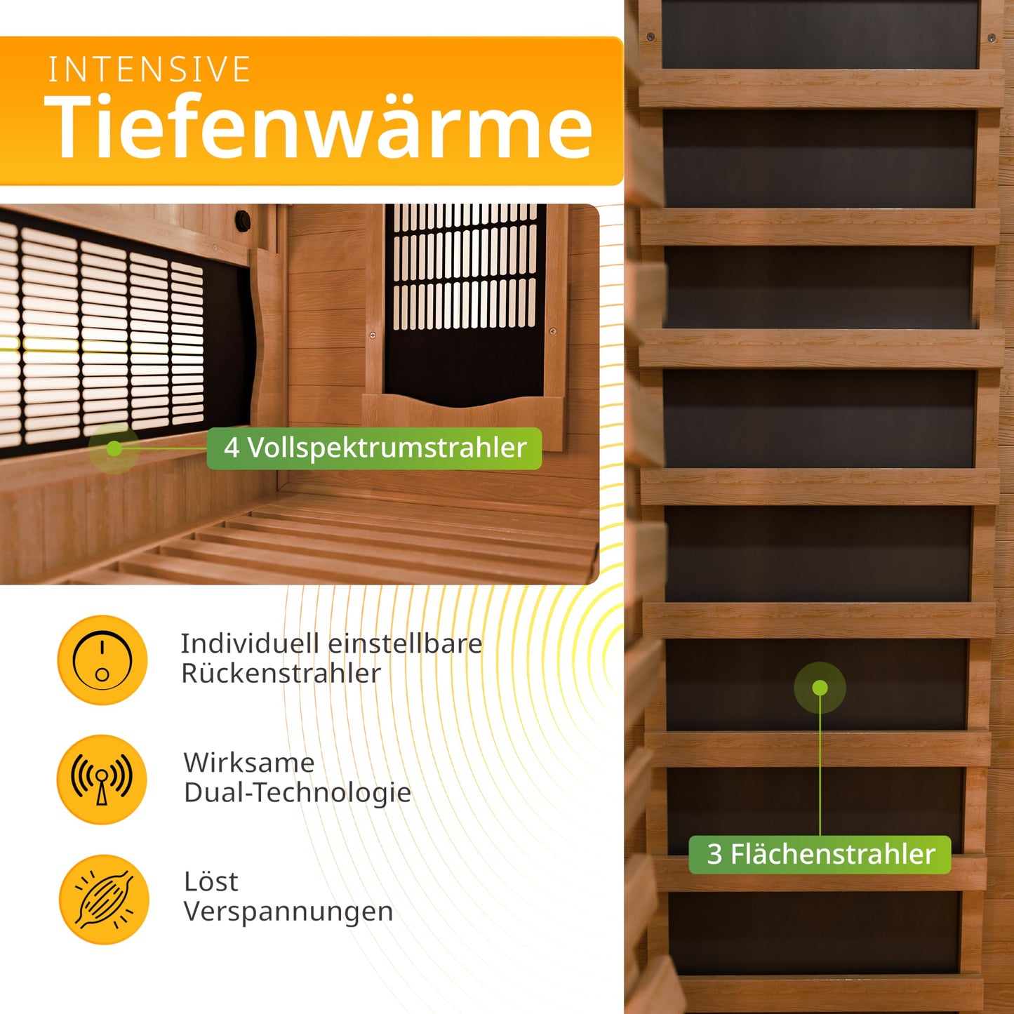 Artsauna Infrarotkabine Kiruna90 mit 4 Vollspektrum- & 3 Flächenstrahler, 1 Person, 90 x 90 x 190 cm, LED Farblicht & Glastür, Infrarotsauna Sauna